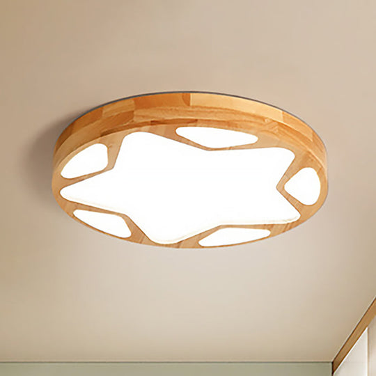 Modern Led Flush Ceiling Light In Beige - Kindergarten Star Design Wood Acrylic Lamp Yellow / 16
