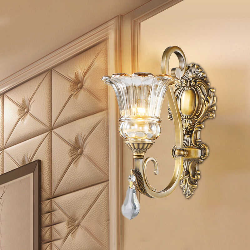 Contemporary Brass Wall Mount Light With Crystal Drop - Flower Bedroom Sconce