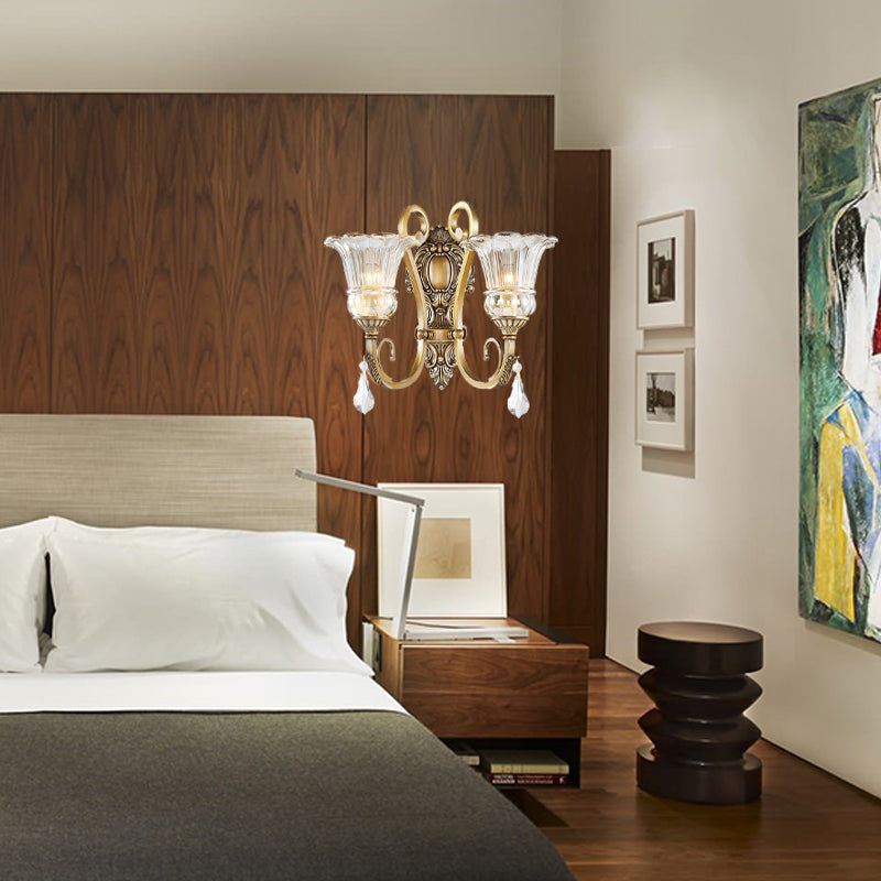 Contemporary Brass Wall Mount Light With Crystal Drop - Flower Bedroom Sconce
