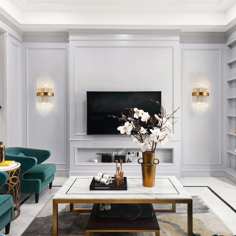 Postmodern Crystal Rod Shield Wall Mount Sconce Light For Living Room - Gold Finish 2/3 Heads