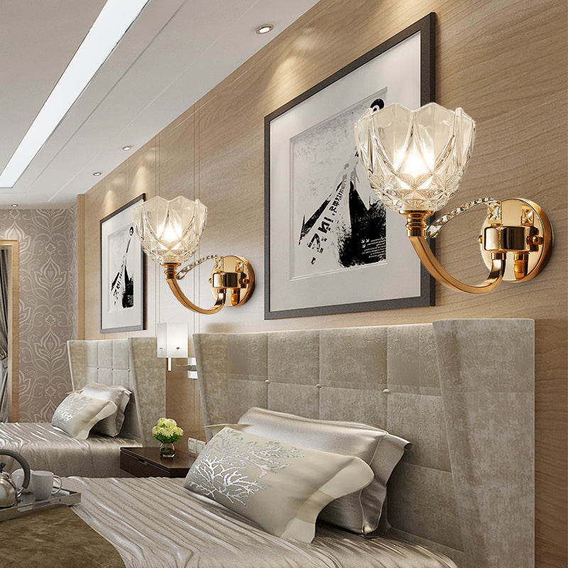 Postmodern Clear Glass Wall Mount Sconce Light With Crystal Accent - Gold Finish