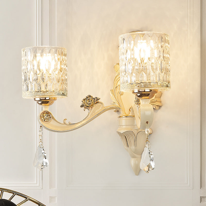 Modern Gold Wall Mount Cylinder Sconce Light With Clear Dimpled Glass Crystal Drop - 1/2 Heads 2 /