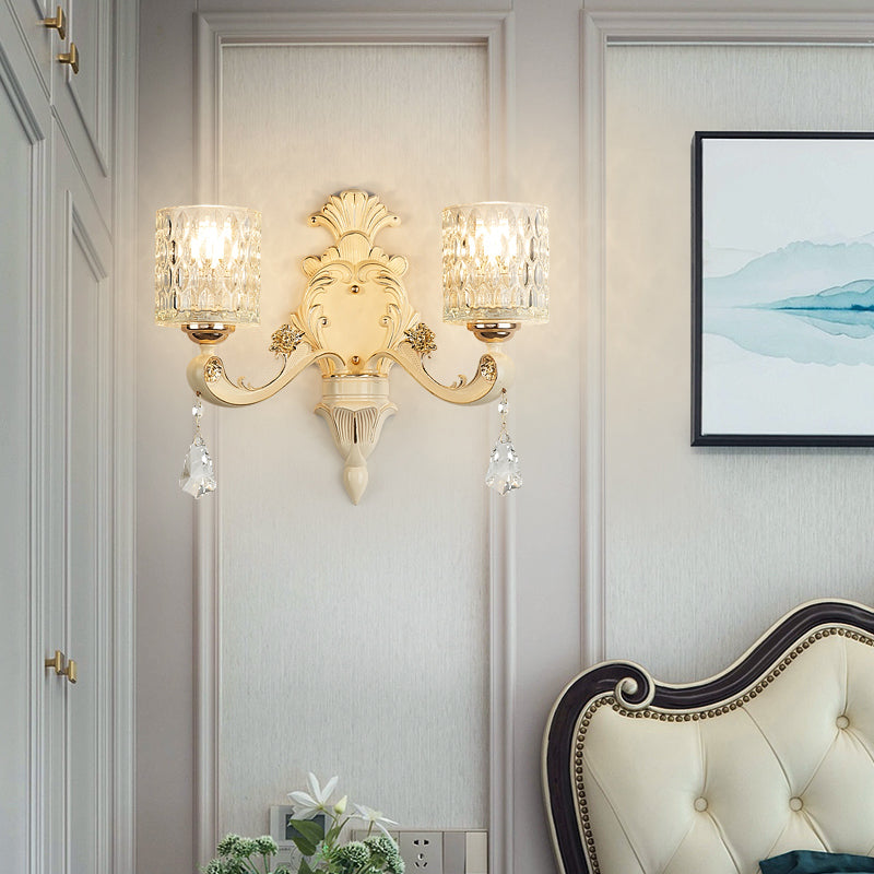 Modern Gold Wall Mount Cylinder Sconce Light With Clear Dimpled Glass Crystal Drop - 1/2 Heads