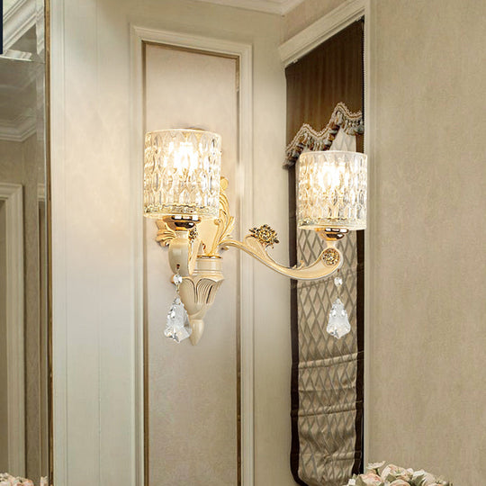 Modern Gold Wall Mount Cylinder Sconce Light With Clear Dimpled Glass Crystal Drop - 1/2 Heads