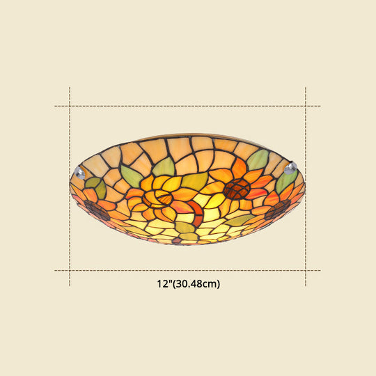 Tiffany Style Stained Glass Ceiling Light With Flower & Leaf Pattern - Retro Mediterranean Flush