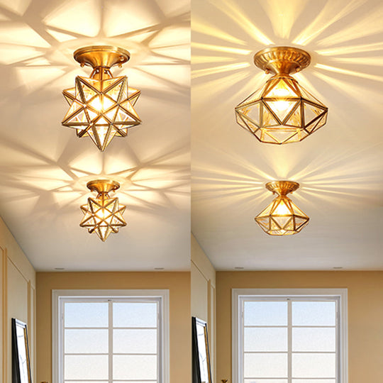 European Style Flush - Mount Ceiling Light: Full Brass Glass Shade 1 Light Polyhedron Design