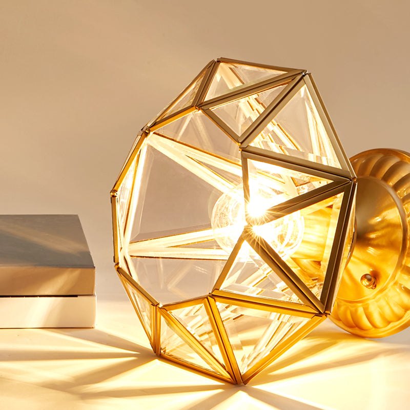 European Style Flush - Mount Ceiling Light: Full Brass Glass Shade 1 Light Polyhedron Design