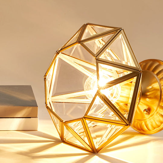European Style Flush - Mount Ceiling Light: Full Brass Glass Shade 1 Light Polyhedron Design