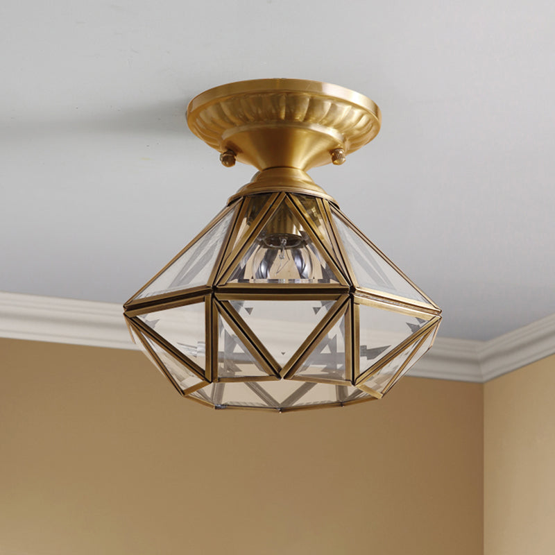 European Style Flush - Mount Ceiling Light: Full Brass Glass Shade 1 Light Polyhedron Design