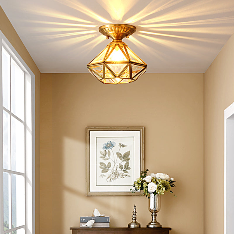 European Style Flush - Mount Ceiling Light: Full Brass Glass Shade 1 Light Polyhedron Design