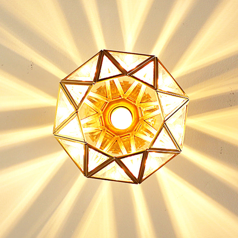 European Style Flush - Mount Ceiling Light: Full Brass Glass Shade 1 Light Polyhedron Design