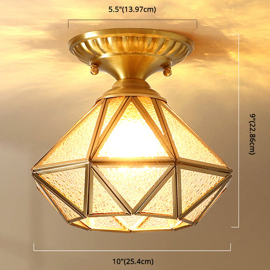 European Style Flush - Mount Ceiling Light: Full Brass Glass Shade 1 Light Polyhedron Design