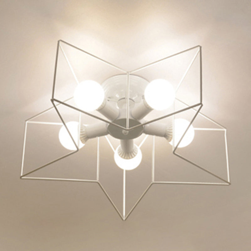 Industrial Style Ceiling Light: 5 - Bulb Flush Mount Fixture With Iron Frame Lampshade - Dining