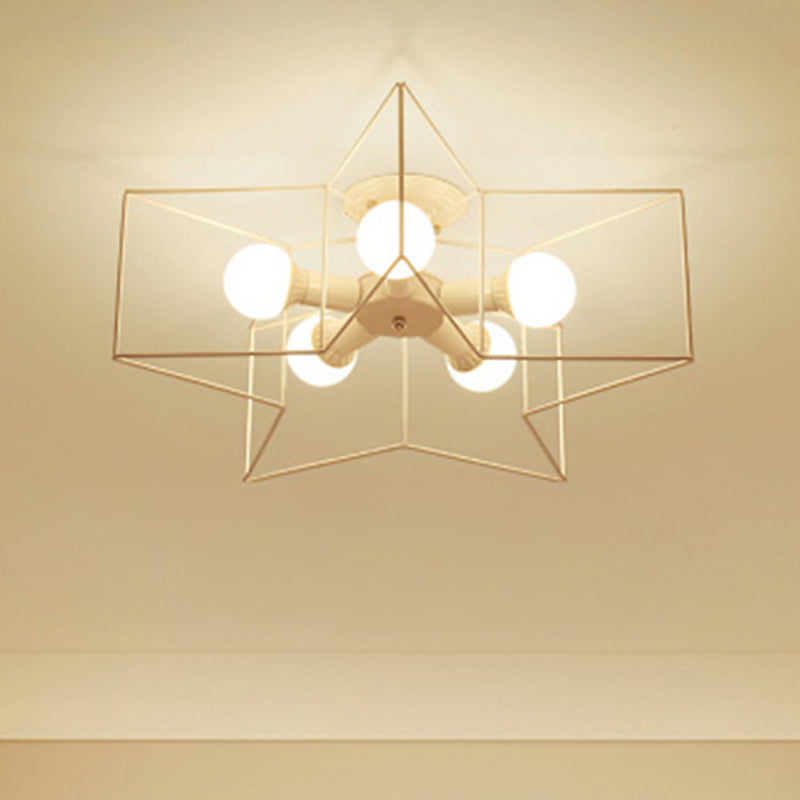 Industrial Style Ceiling Light: 5-Bulb Flush Mount Fixture With Iron Frame Lampshade - Dining Room