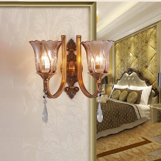 Vintage Cognac Glass Flower Wall Light With Brass Sconce Crystal Drop - 1/2 Heads