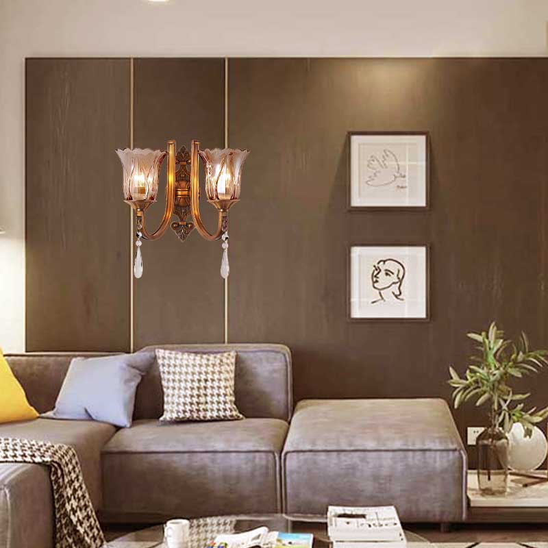 Vintage Cognac Glass Flower Wall Light With Brass Sconce Crystal Drop - 1/2 Heads