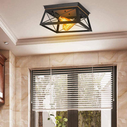 Retro Industrial Wrought Iron Ceiling Light With Black Frame