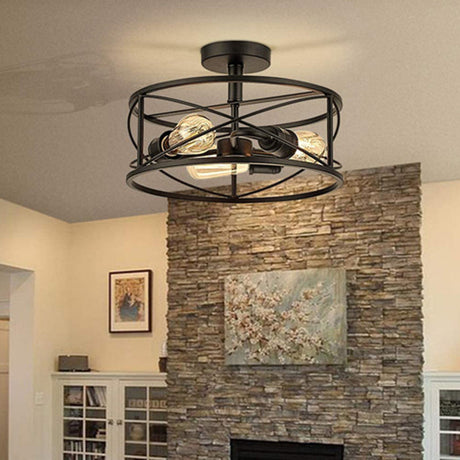 Retro Industrial Wrought Iron Ceiling Light With Black Frame / Drum