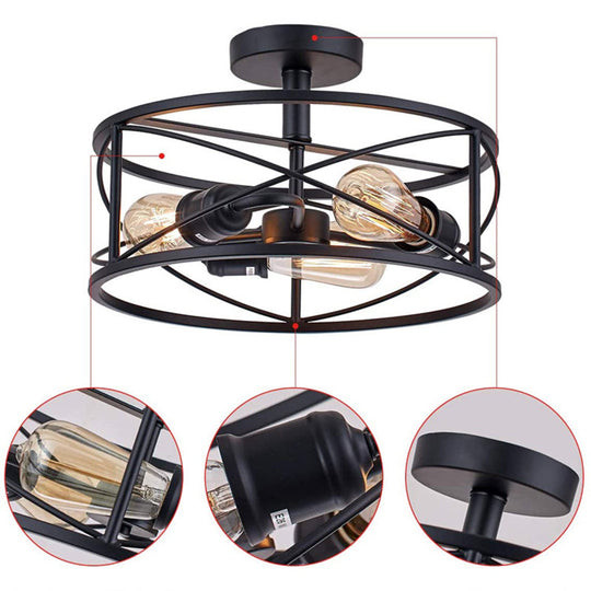 Retro Industrial Wrought Iron Ceiling Light With Black Frame
