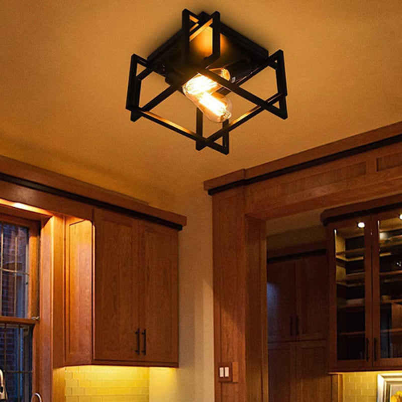 Retro Industrial Wrought Iron Ceiling Light With Black Frame / Rectangle