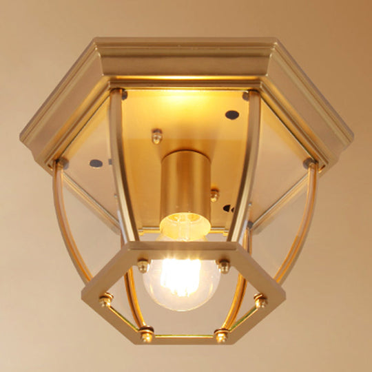 Colonial Style Glass Shade Ceiling Light - Polyhedron Flush - Mount For Bedroom Gold / Lantern