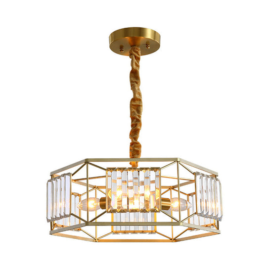 Modern Hexagon Metal Frame Hanging Light With Crystal Block - 3-Head Gold Ceiling Fixture