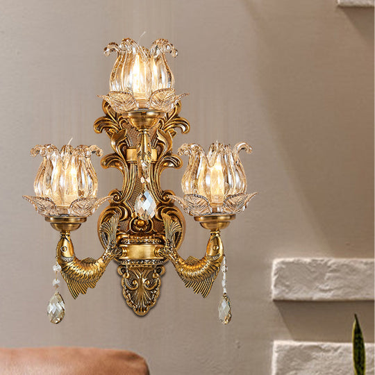 Vintage Brass Sconce Light Fixture With Flower Clear Glass Shade - 3-Head Wall For Living Room