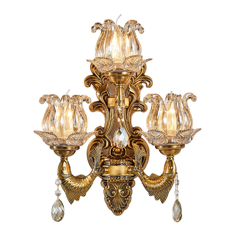 Vintage Brass Sconce Light Fixture With Flower Clear Glass Shade - 3-Head Wall For Living Room