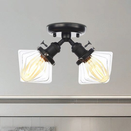 Diamond Amber/Clear Glass Semi Mount Farmhouse Light Fixture - 2 - Light Flush Black/Bronze Design