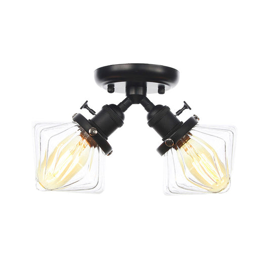Diamond Amber/Clear Glass Semi Mount Farmhouse Light Fixture - 2 - Light Flush Black/Bronze Design