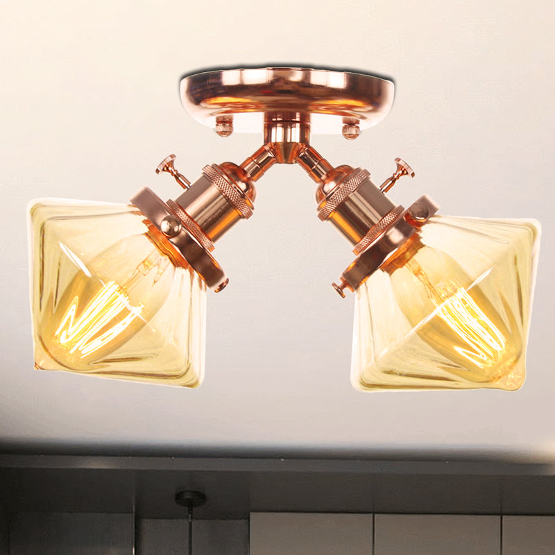 Diamond Amber/Clear Glass Semi Mount Farmhouse Light Fixture - 2 - Light Flush Black/Bronze Design
