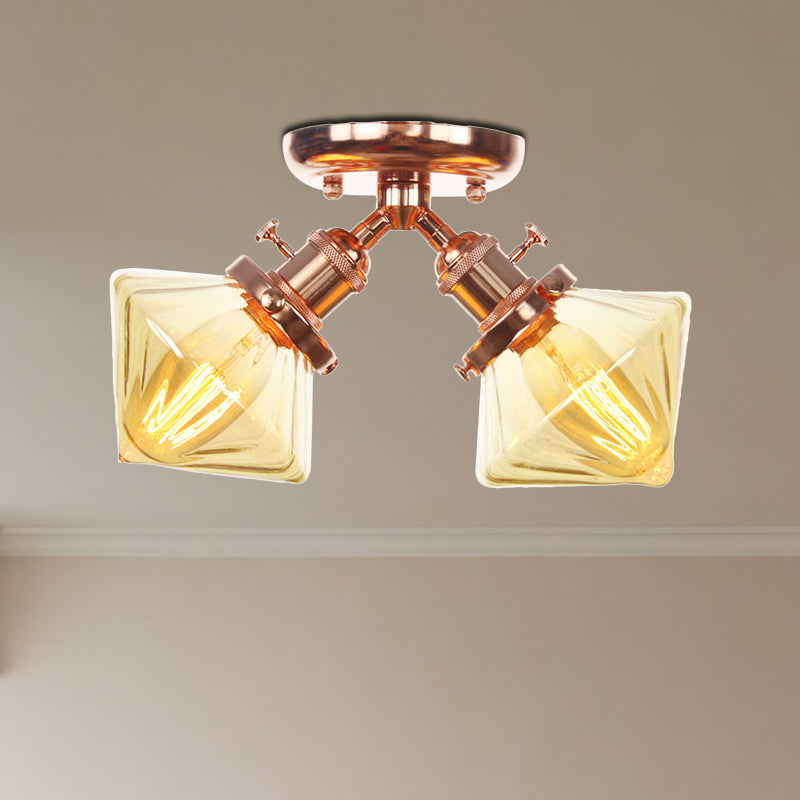 Diamond Amber/Clear Glass Semi Mount Farmhouse Light Fixture - 2 - Light Flush Black/Bronze Design