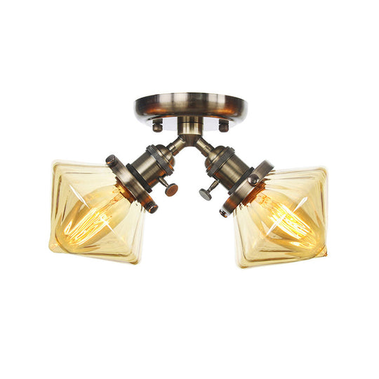 Diamond Amber/Clear Glass Semi Mount Farmhouse Light Fixture - 2 - Light Flush Black/Bronze Design