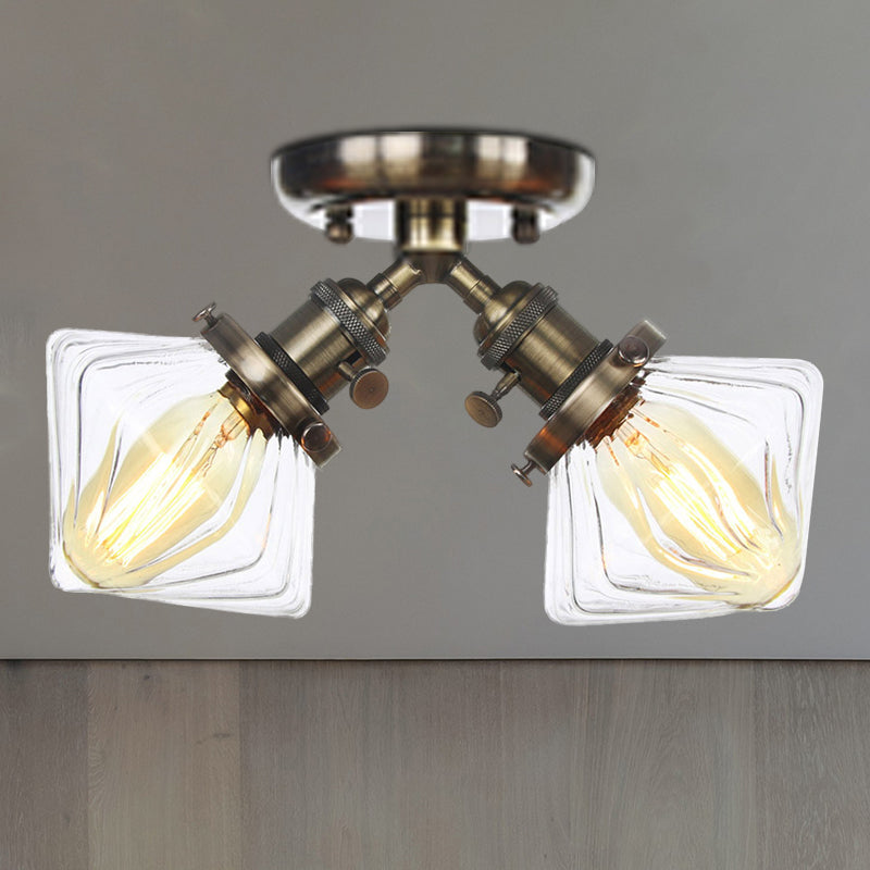 Diamond Amber/Clear Glass Semi Mount Farmhouse Light Fixture - 2 - Light Flush Black/Bronze Design