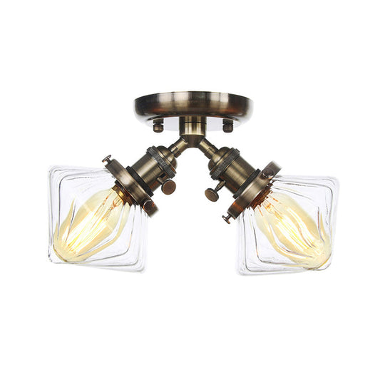 Diamond Amber/Clear Glass Semi Mount Farmhouse Light Fixture - 2 - Light Flush Black/Bronze Design