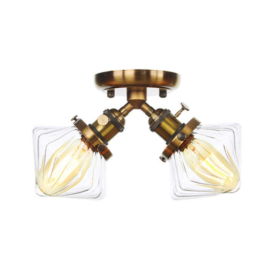 Diamond Amber/Clear Glass Semi Mount Farmhouse Light Fixture - 2 - Light Flush Black/Bronze Design