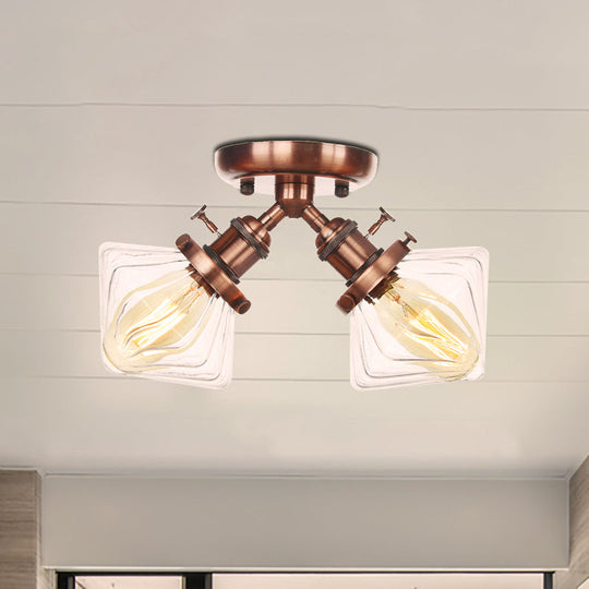 Diamond Amber/Clear Glass Semi Mount Farmhouse Light Fixture - 2 - Light Flush Black/Bronze Design