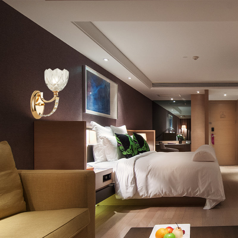 Modern Brass Sconce Light: 1 Head Bedroom Wall Fixture With Clear Glass Shade