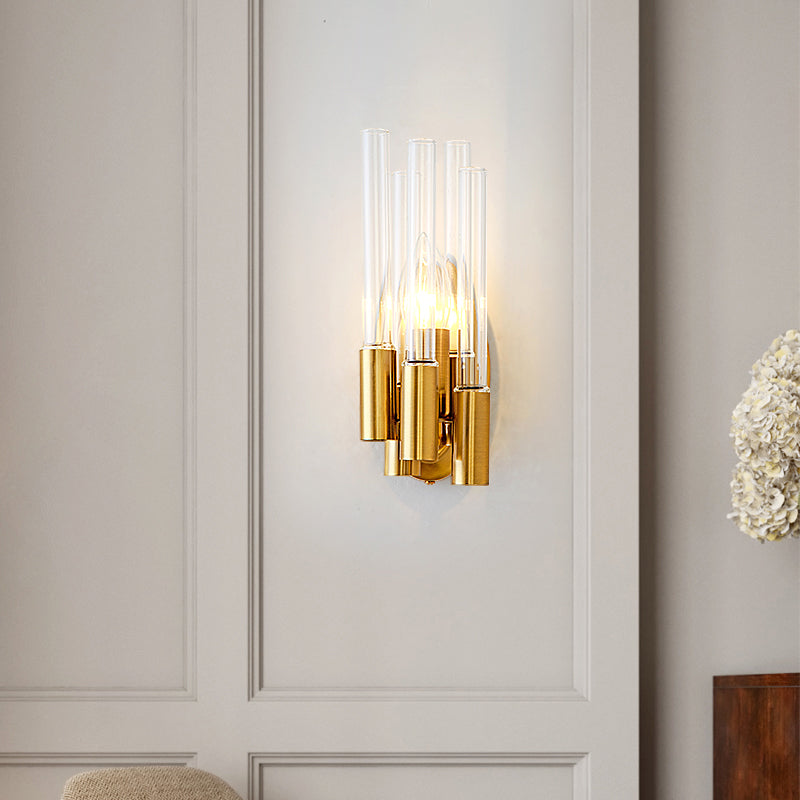 Nordic Gold Tube Wall Mount Sconce Light Fixture - 1 Head Clear Glass Ideal For Living Room