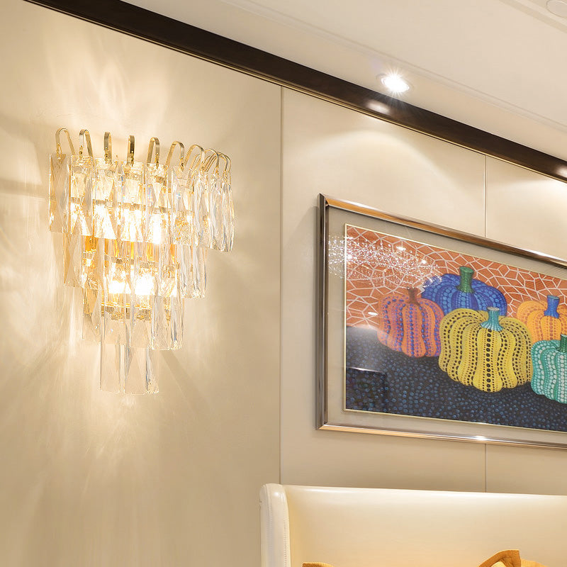 Gold Crystal Wall Sconce With 3 Modern Heads And 4 Tiers For Living Room
