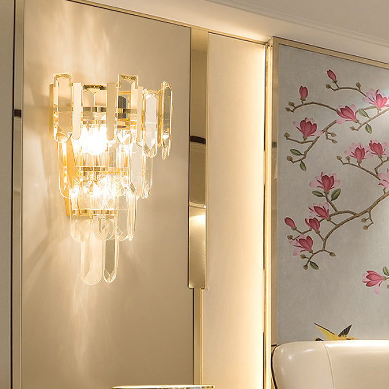 Modern 3-Headed Crystal Wall Sconce With Gold 4-Layer Mount