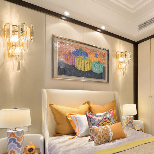 Modern 3-Headed Crystal Wall Sconce With Gold 4-Layer Mount
