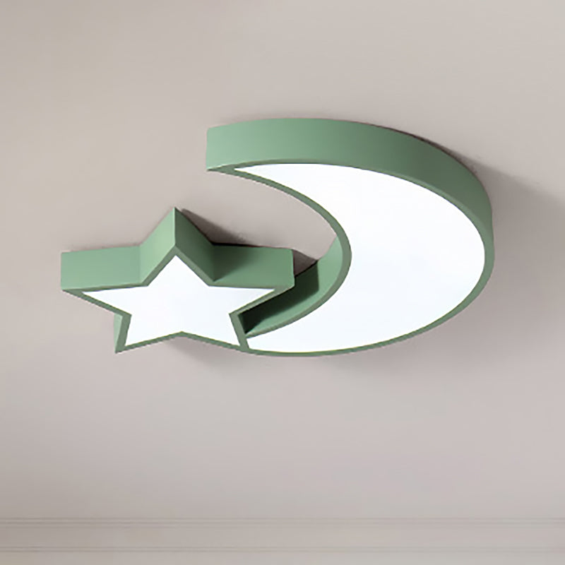 Kids Bedroom Led Ceiling Lamp - Metal Acrylic Flush Mount Light With Star & Moon Design Green / Warm