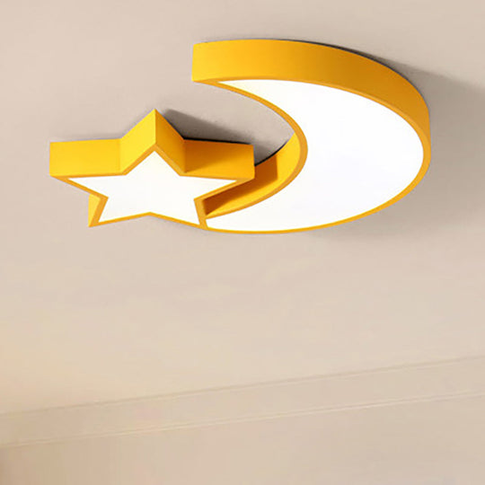 Kids Bedroom Led Ceiling Lamp - Metal Acrylic Flush Mount Light With Star & Moon Design Yellow /