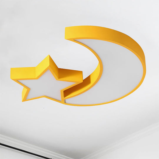 Kids Bedroom Led Ceiling Lamp - Metal Acrylic Flush Mount Light With Star & Moon Design