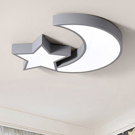 Kid’s Bedroom Led Ceiling Lamp - Metal Acrylic Flush Mount Light With Star & Moon Design Grey /