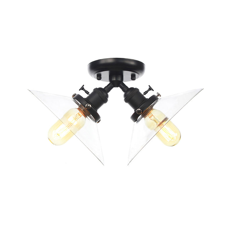 Industrial Style Clear Glass Semi Flush Mount Ceiling Light With 2 Lights For Conical Restaurants