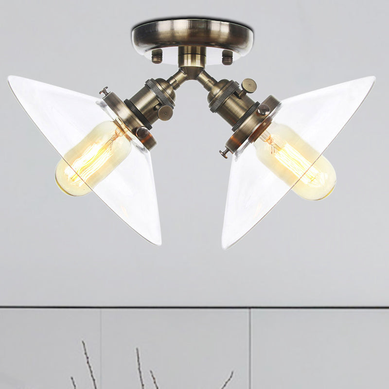 Industrial Style Clear Glass Semi Flush Mount Ceiling Light With 2 Lights For Conical Restaurants