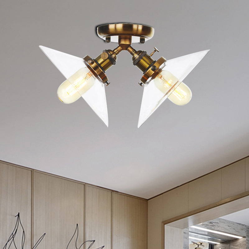 Industrial Style Clear Glass Semi Flush Mount Ceiling Light With 2 Lights For Conical Restaurants