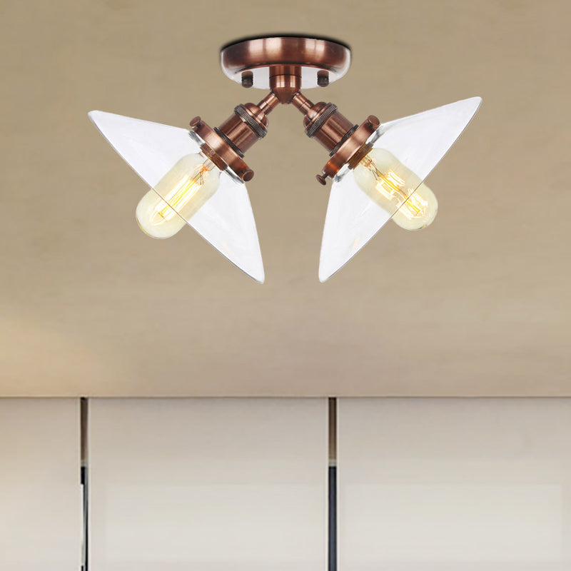 Industrial Style Clear Glass Semi Flush Mount Ceiling Light With 2 Lights For Conical Restaurants